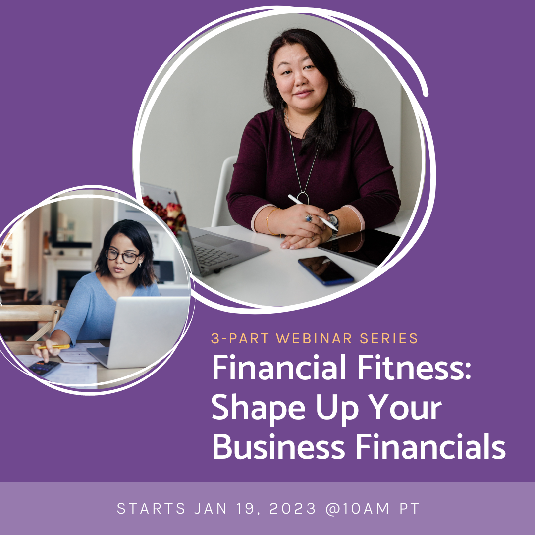 Series details, facilitator's headshot and an image of a woman punching numbers on a calculator in front of a laptop